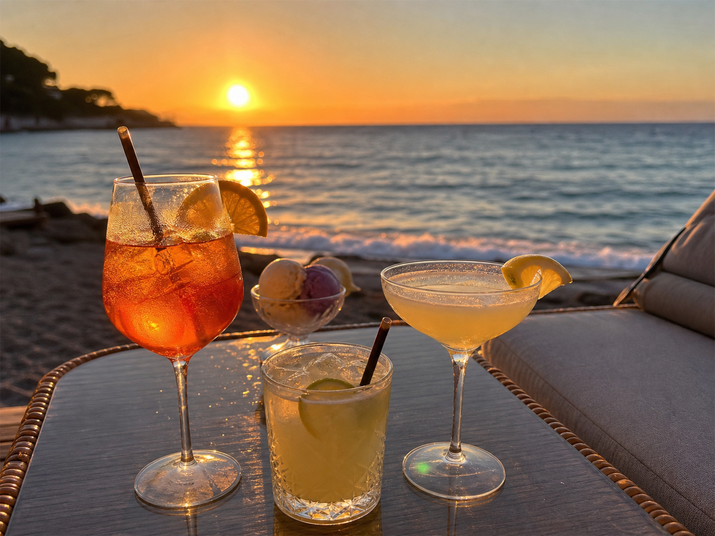 Cocktails sunset face a la mer au Deck